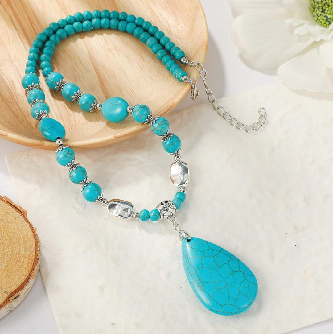 Turquoise Necklace , Boho long beaded necklace with vintage ethnic Bohemian Turquoise pendant