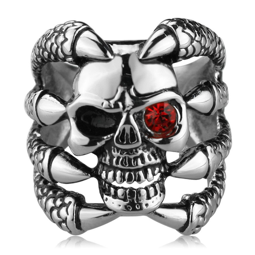 Gothic Clawed Skull Red CZ Eye Stainless Steel Biker Ring