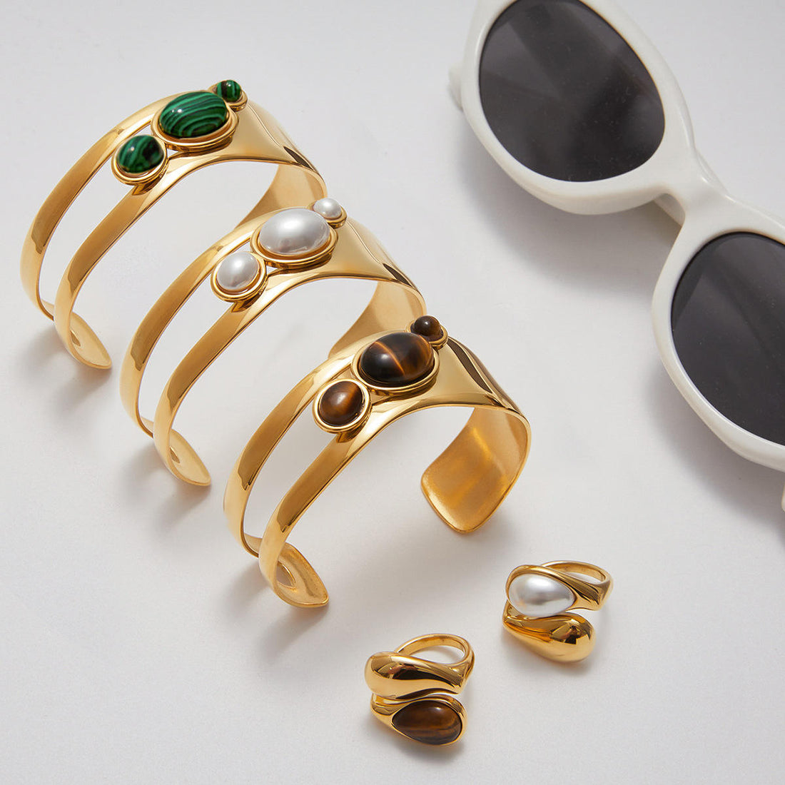 Youthway Natural Stone Geometric Skeleton Cuff Bracelet with Malachite