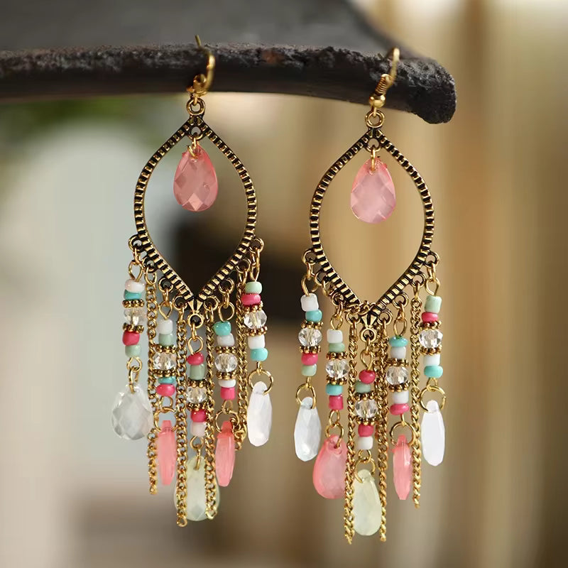 Gold-Toned Waterdrop Ethnic Chandelier Earrings