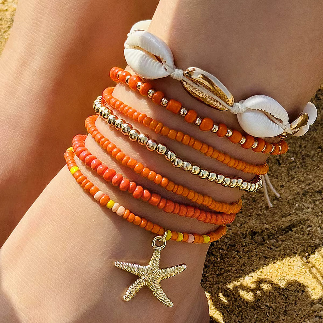 7-Layer Boho Shell & Starfish Anklet Set