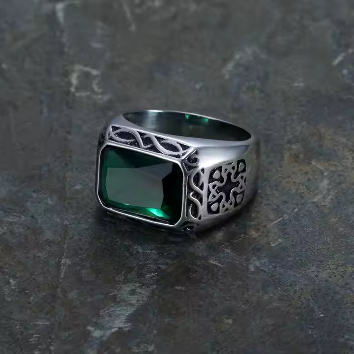 Vintage Square Emerald Green Gemstone Ring for Men