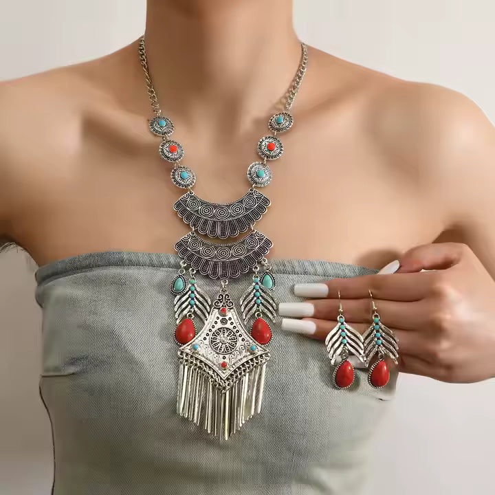 Turquoise Tassel Necklace & Earrings Set