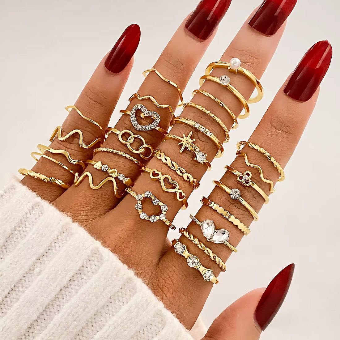 30Pcs Vintage Gold Heart Butterfly Geometric Ring Set