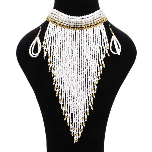 Handmade braided seed bead long tassel Necklace 2-piece set