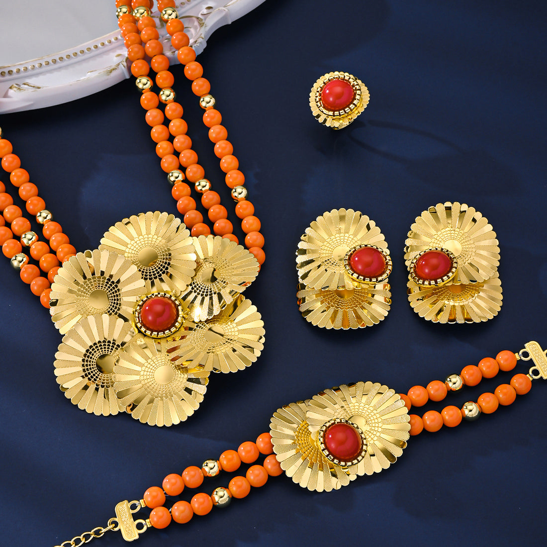Coral Bead and Gold Flower Statement Jewelry Set for Women