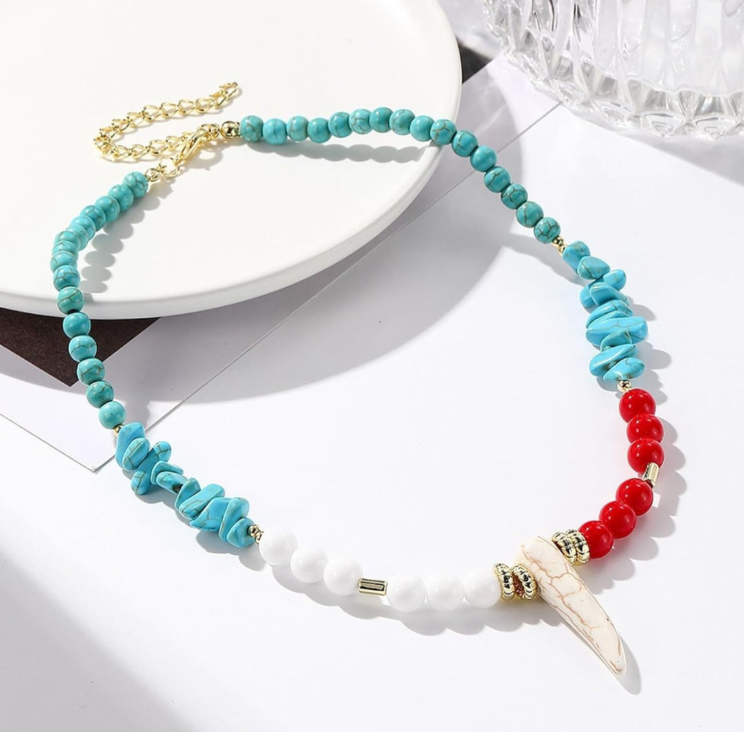 Long Beaded  Necklace with Vintage Ethnic Bohemian  Horn Turquoise pendant