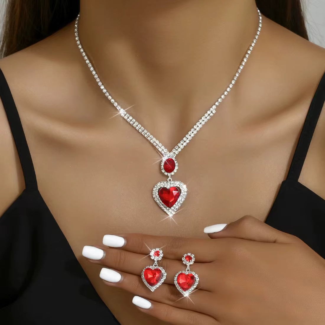 Rhinestone Heart Pendant Necklace & Earrings Set