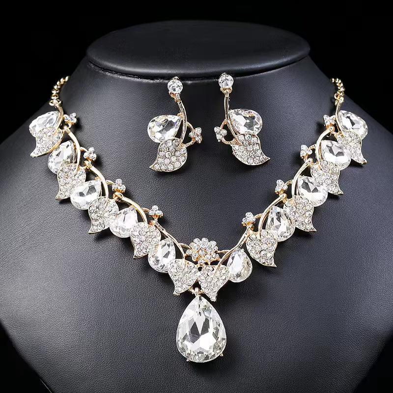 Elegant and Luxury Crystal Droplet Necklace Earring Jewelry Set Leaf Collar Chain