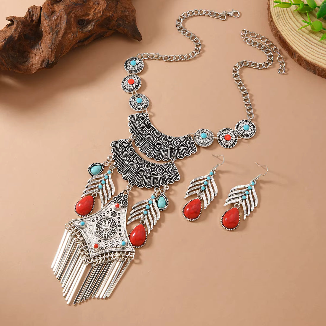 Imitation Turquoise Tassel Necklace & Earrings Set